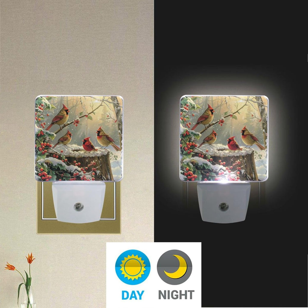 Vdsrup Winter Cardinal Birds Night Light Set of 2 Holly Berry Branches Snow Plug-in LED Nightlights Christmas Decorations Auto Dusk-to-Dawn Sensor Lamp for Bedroom Bathroom Kitchen Hallway Stairs