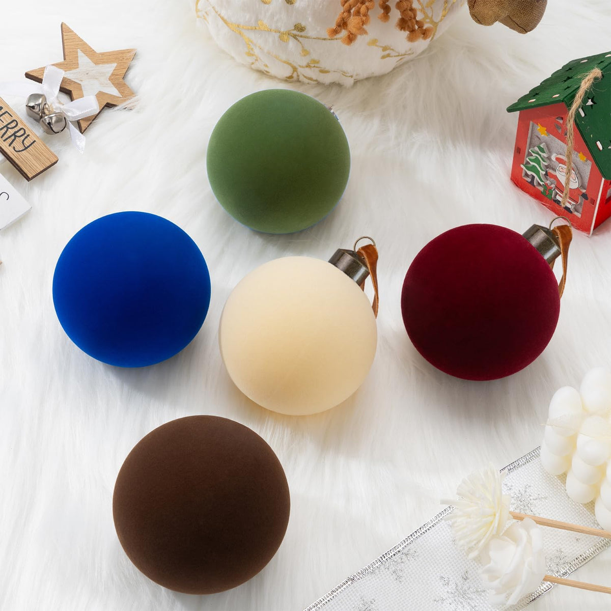 3.15" Green Velvet Christmas Ball Ornaments Set, 16 pcs Flocked Moss Green Xmas Tree Decoration, Large Shatterproof Decorative Hanging Balls for Party Holiday Wreath Garland Home Décor