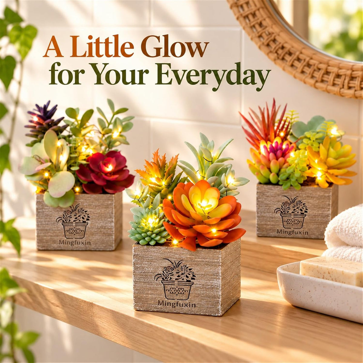 Succulents Plants Artificial Fake Plants with Lights for Bathroom Decor