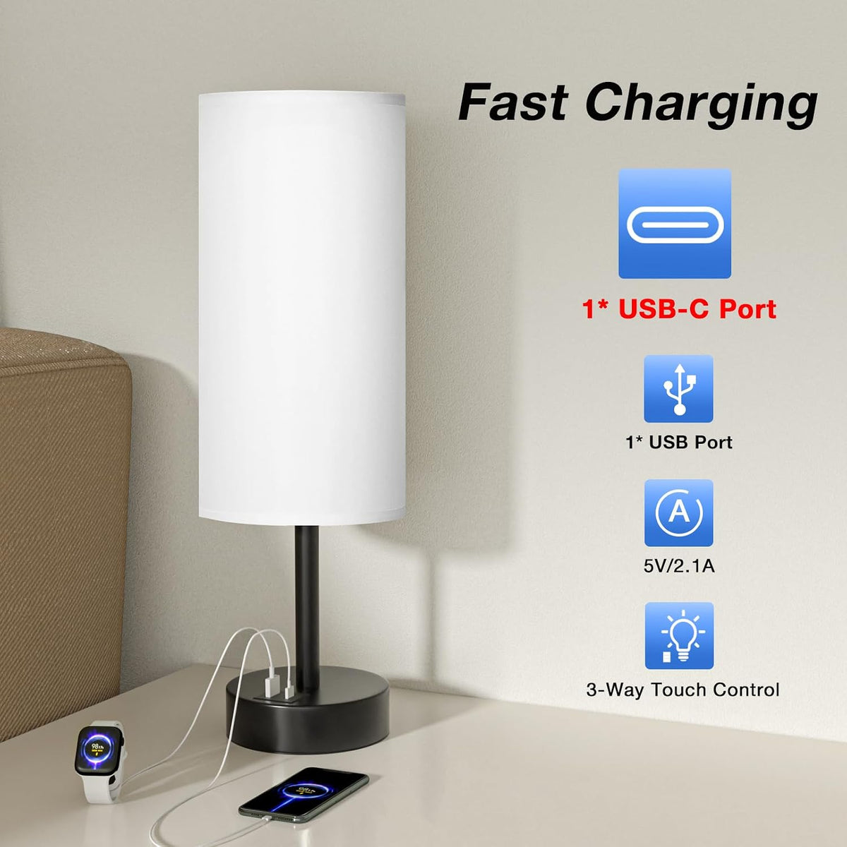 White Touch Table Lamp for Bedroom - Dimmable Bedside Desk Lamp for Kid