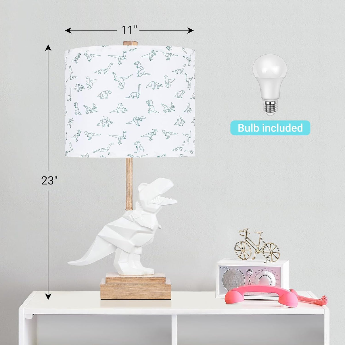 Hamucd Kids Dinosaur Table Lamp for Boys Girls Bedroom 23" Bedside Lamp for Children Gift Cute Small White Nightstand Lamp for Nursery(LED Bulb Included)