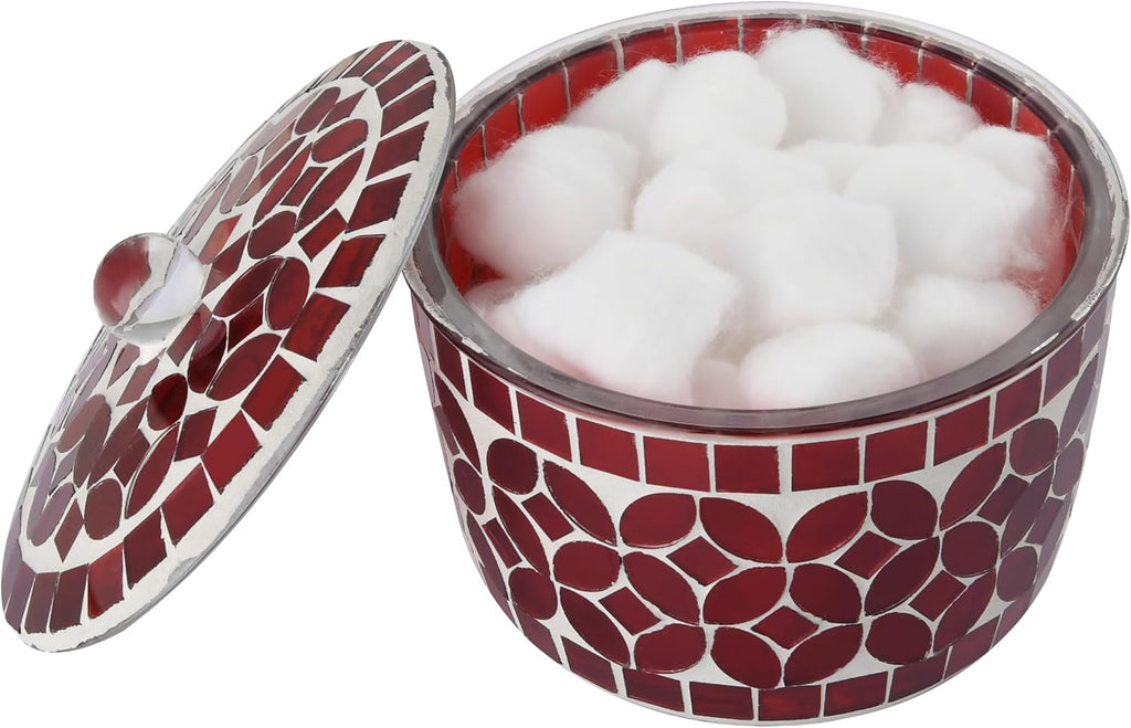 Bathroom Q tip Holder, Countertop Storage Organizer Canister Jar Qtip Dispenser Holder Glass Bathroom Jar with Lid- for Cotton Swabs,Bath Salts, Hair Band, Candy Storage (Christmas Red)