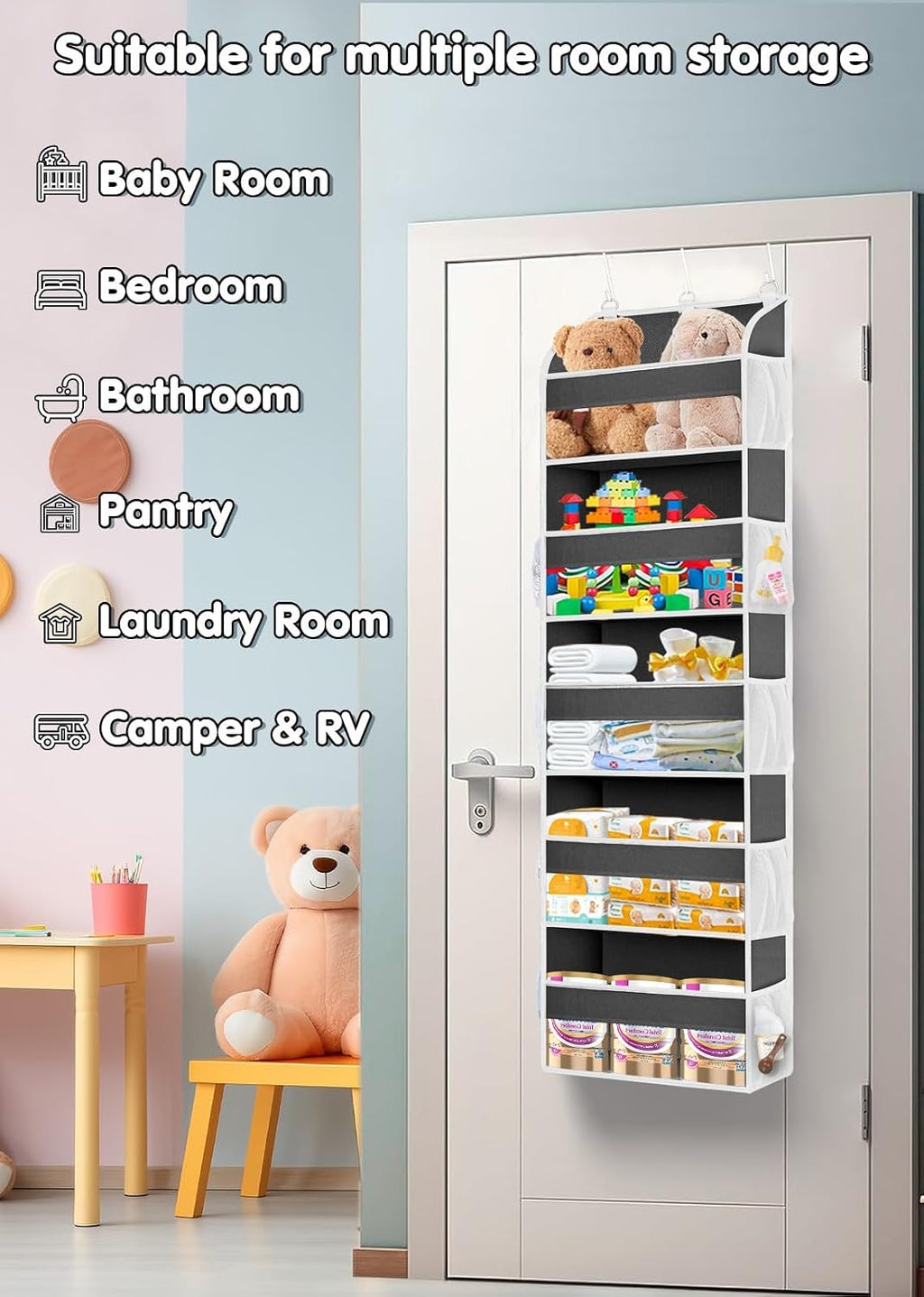 TAHAVICE Over the Door Organizer Storage, 5 Large & 10 Mesh Pockets