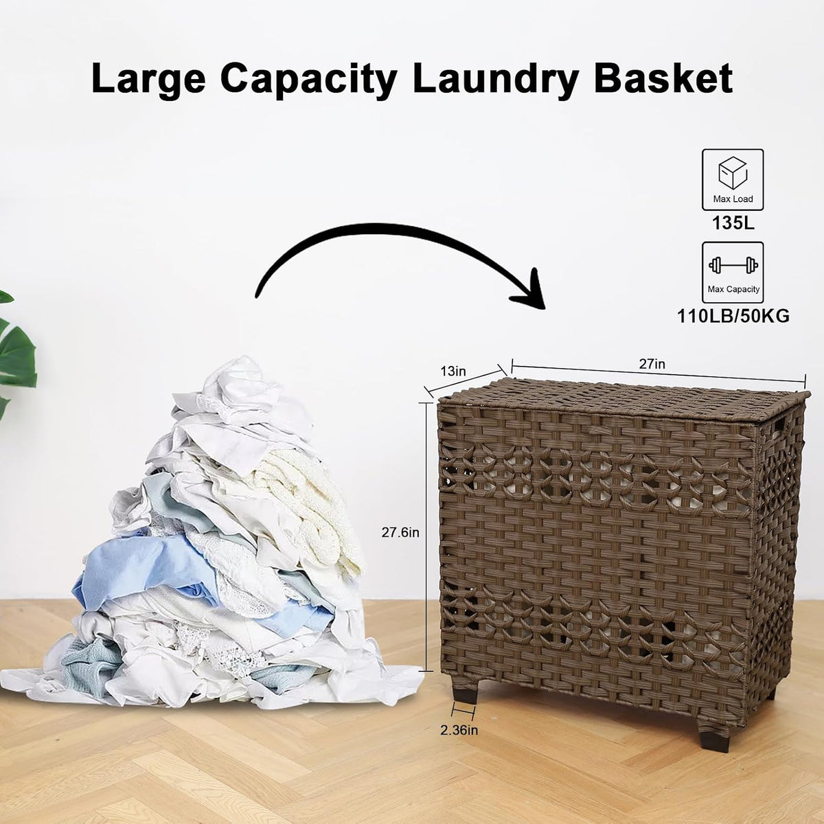 OIAHOMY Laundry Hamper with Lid, 140L Clothes Hamper with 3 Removable Liner Bags, Foldable Basket with Lid, Synthetic Wicker Laundry Basket for Bedroom, 27x 13 x 26 Inches, Brown