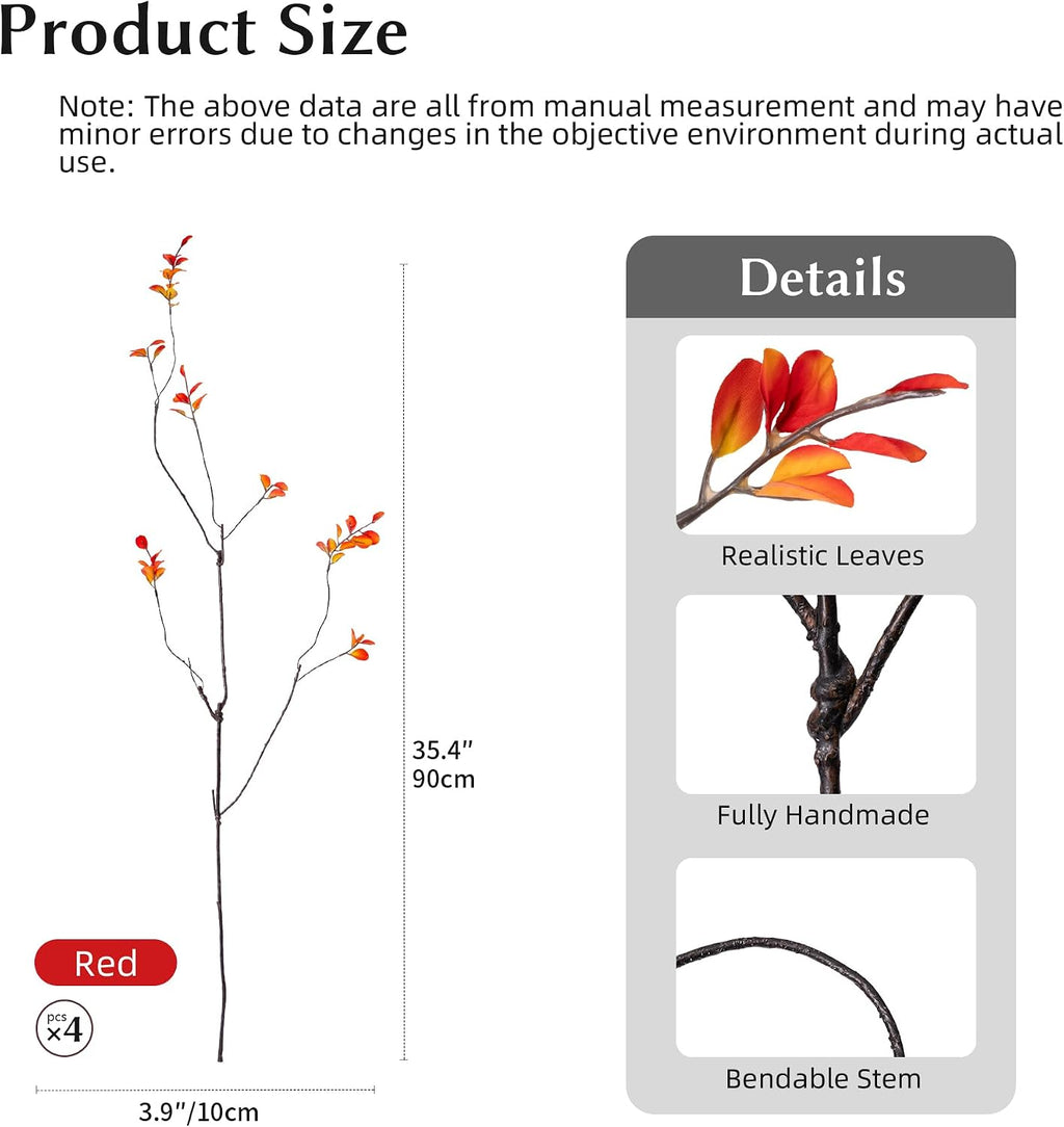 4PCS Artificial Orange Branches 35.4", Faux Fall Stems for Vase, Long Decorative Branches with Autumn Leaves, Bendable Orange Stems for Tall Vase Fall Decorations Home Decor