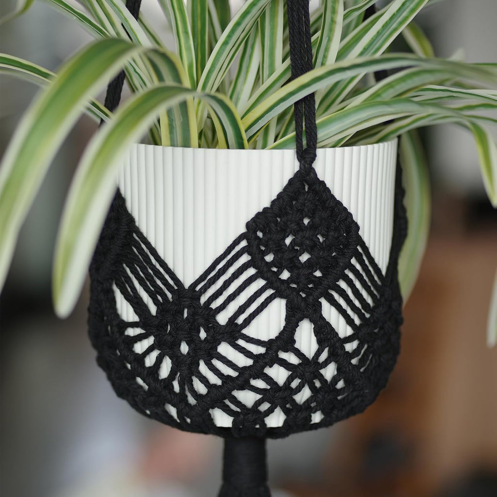 Hanging Planter with Patterns,2Packs Macrame Plant Hangers Indoor Macrame for up to 8 inch Pot Crochet Boho Plant Hanger Holder for Indoor Outdoor with 2S Shaped Stainless Steel Hooks (Black)