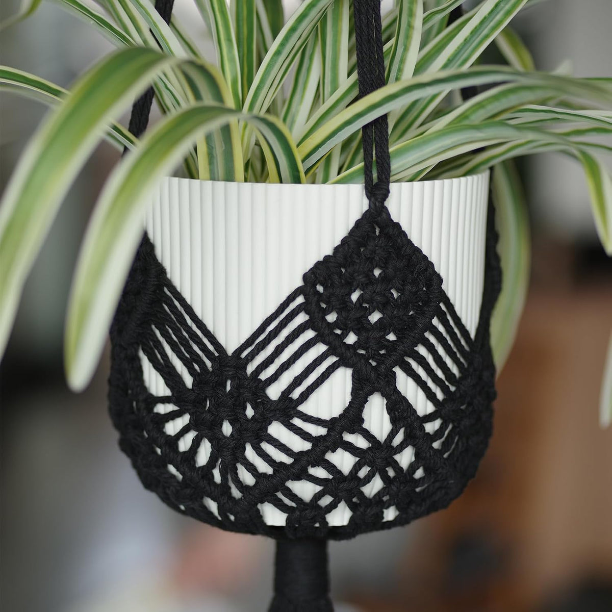 Hanging Planter with Patterns,2Packs Macrame Plant Hangers Indoor Macrame for up to 8 inch Pot Crochet Boho Plant Hanger Holder for Indoor Outdoor with 2S Shaped Stainless Steel Hooks (Black)