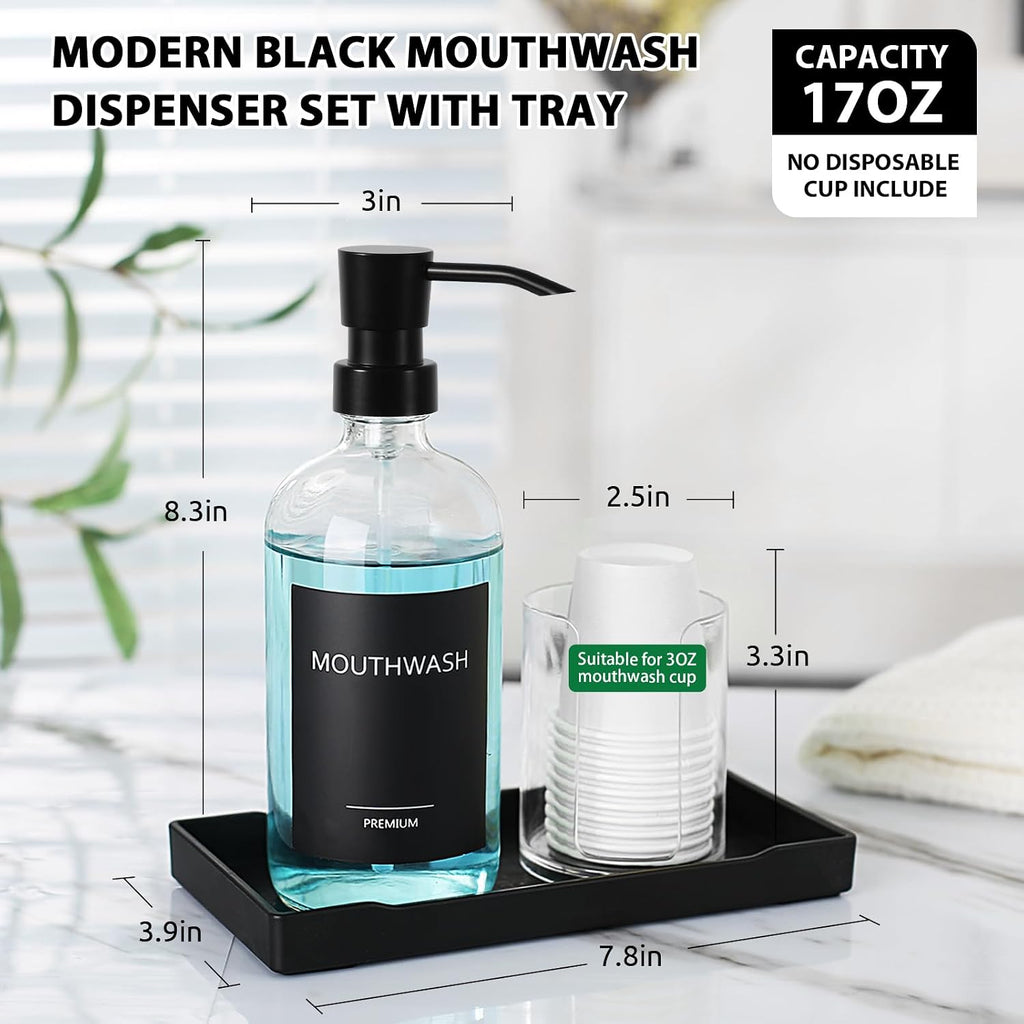 Mouthwash Dispenser for Bathroom, Glass Mouth Wash Pump Dispenser with Cup Holder, 17 Fl Oz Mouthwash Bottle Decanter with Tray, Refillable Mouthwash Dispenser Container