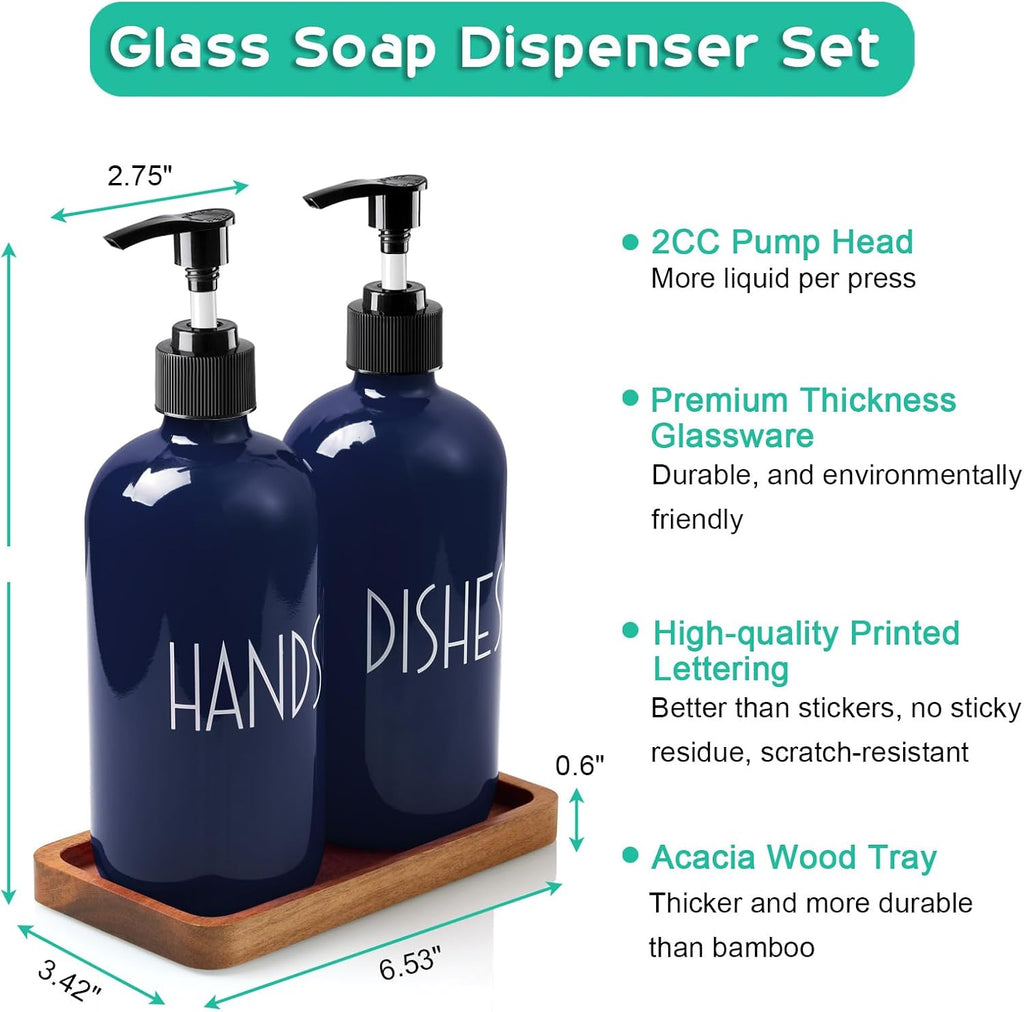 Navy Blue Dish Soap Dispenser for Kitchen - 16 OZ Hand Soap Dispenser Set with Acacia Wood Tray - Blue Kitchen Bathroom Home Decor and Accessories