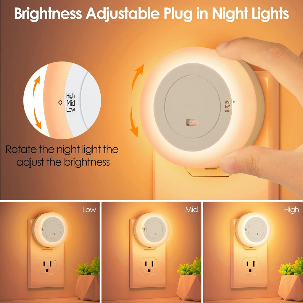 2-Pack LED Night Lights Plug in Dimmable with Sensor 2200K Amber White