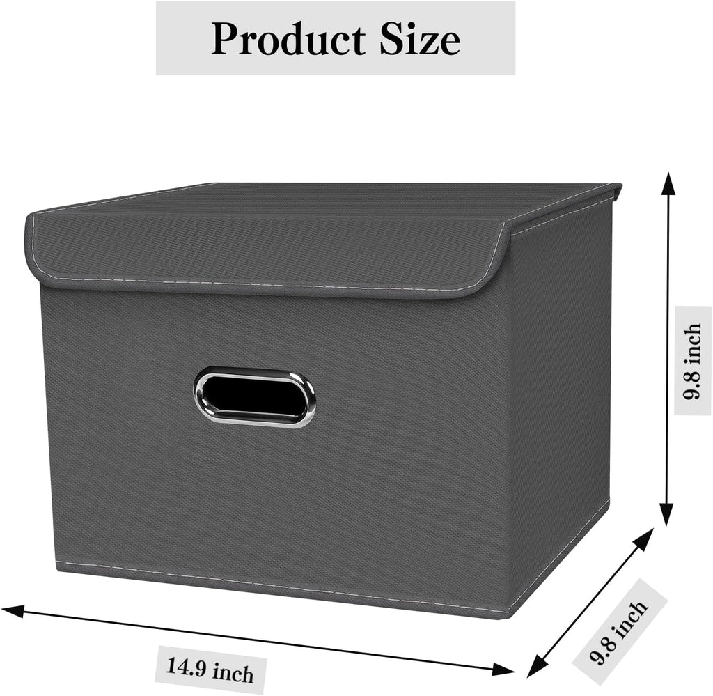 4-Pack Large Collapsible Storage Bins with Lids,Fabric Storage Cubes Organizer for Shelves,Closet,Nursery,Foldable Cube Storage Baskets with Handles,Home Boxes (14.9"x9.8",Grey)
