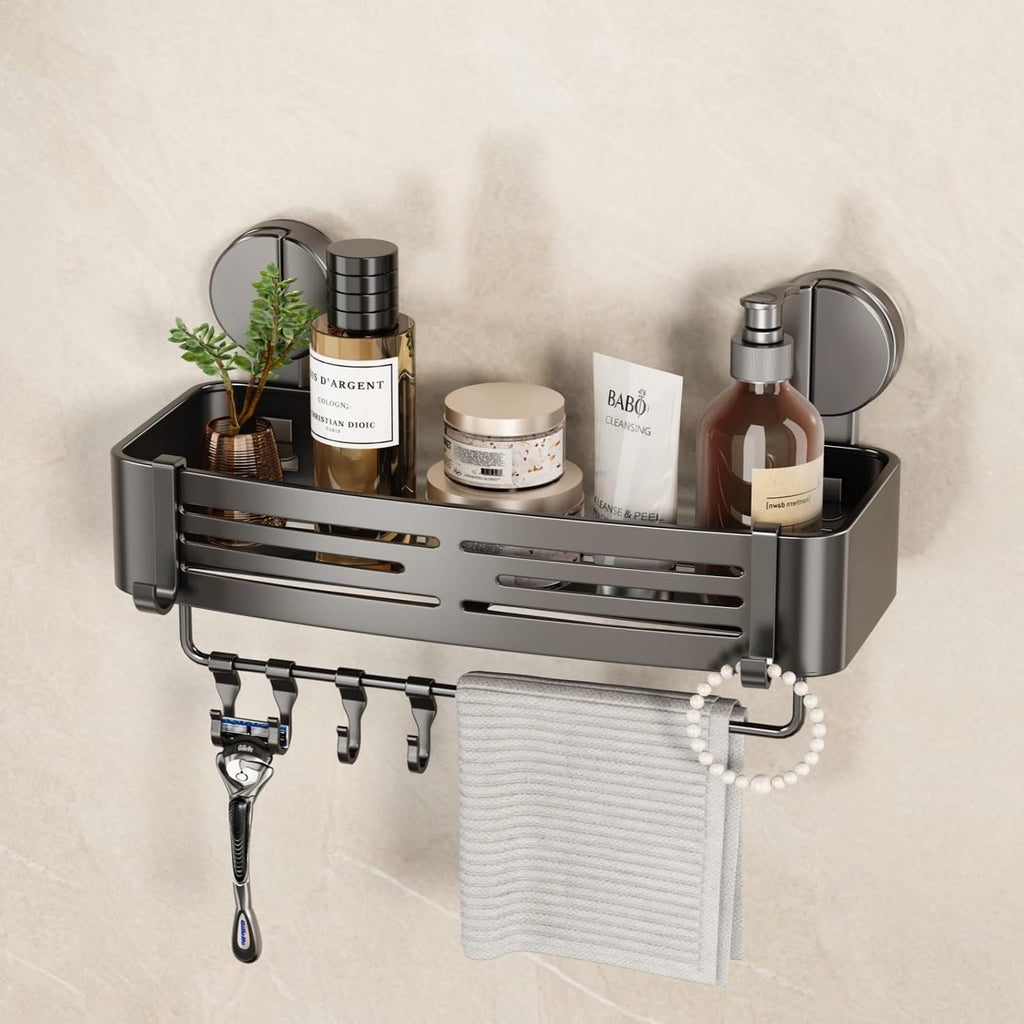 VOLPONE Shower Caddy Suction Shower Shelf No Drilling Shower Organizer Suction Cup Shower Storage Rack Aluminum Wall Mounted Shampoo Holder with Towel Bar Hooks (1-Pack, Matte Gray)