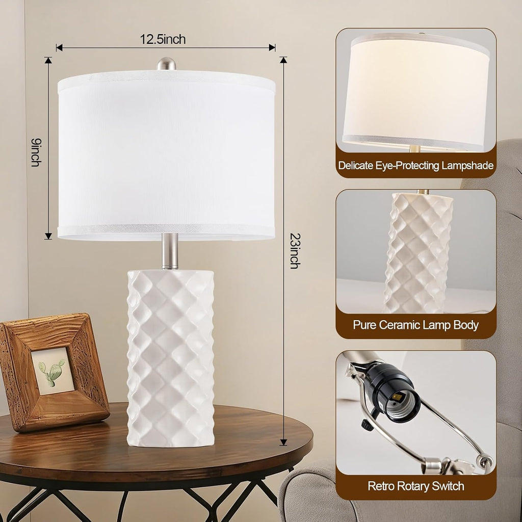 Star Diamond Ceramic Table Lamps Set of 2 - Beige Nightstand Lamps 23"