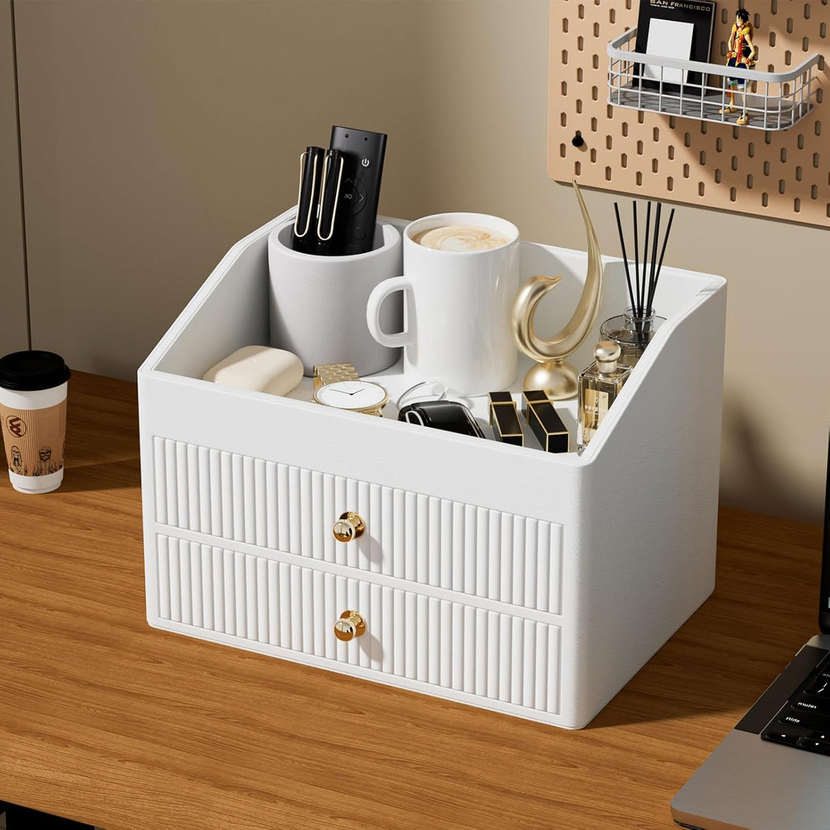 LADSTAG Desk Organizer,Beige White Vegan Leather Desk Accessories & Workspace Organizers with 2 Drawers & Tray,Key Holder with Gold-Tone Metal Accents knob，Jewelry Box,Nightstand