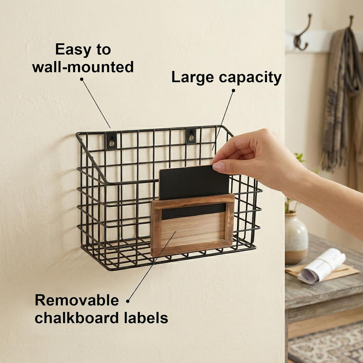 MyGift 10 Inch Wall Mounted Matte Black Metal Wire Storage Baskets with Chalkboard Labels, Small Hanging Organizer Bins for Home Entryway Kitchen Pantry Closet, Set of 3