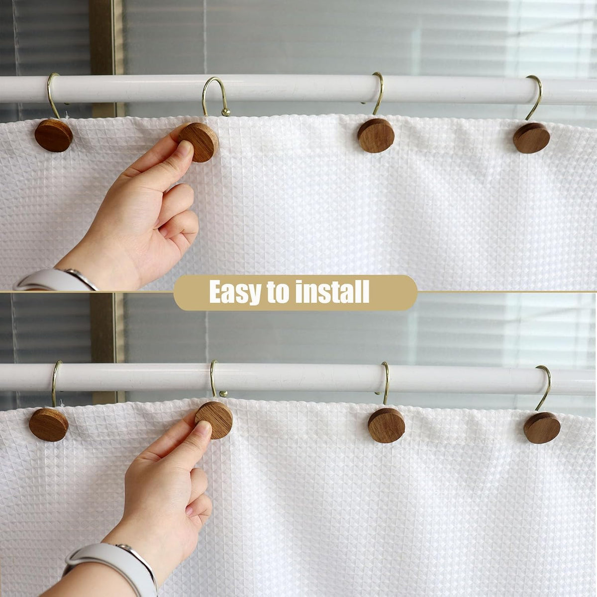 Shower Curtain Hooks, Wood Decorative Shower Curtain Rings, Modern Round Log Shower Curtain Hangers, 12PCS Metal Shower Hooks for Shower Curtain Rod, Bathroom, Bedroom, Living Room (Gold)