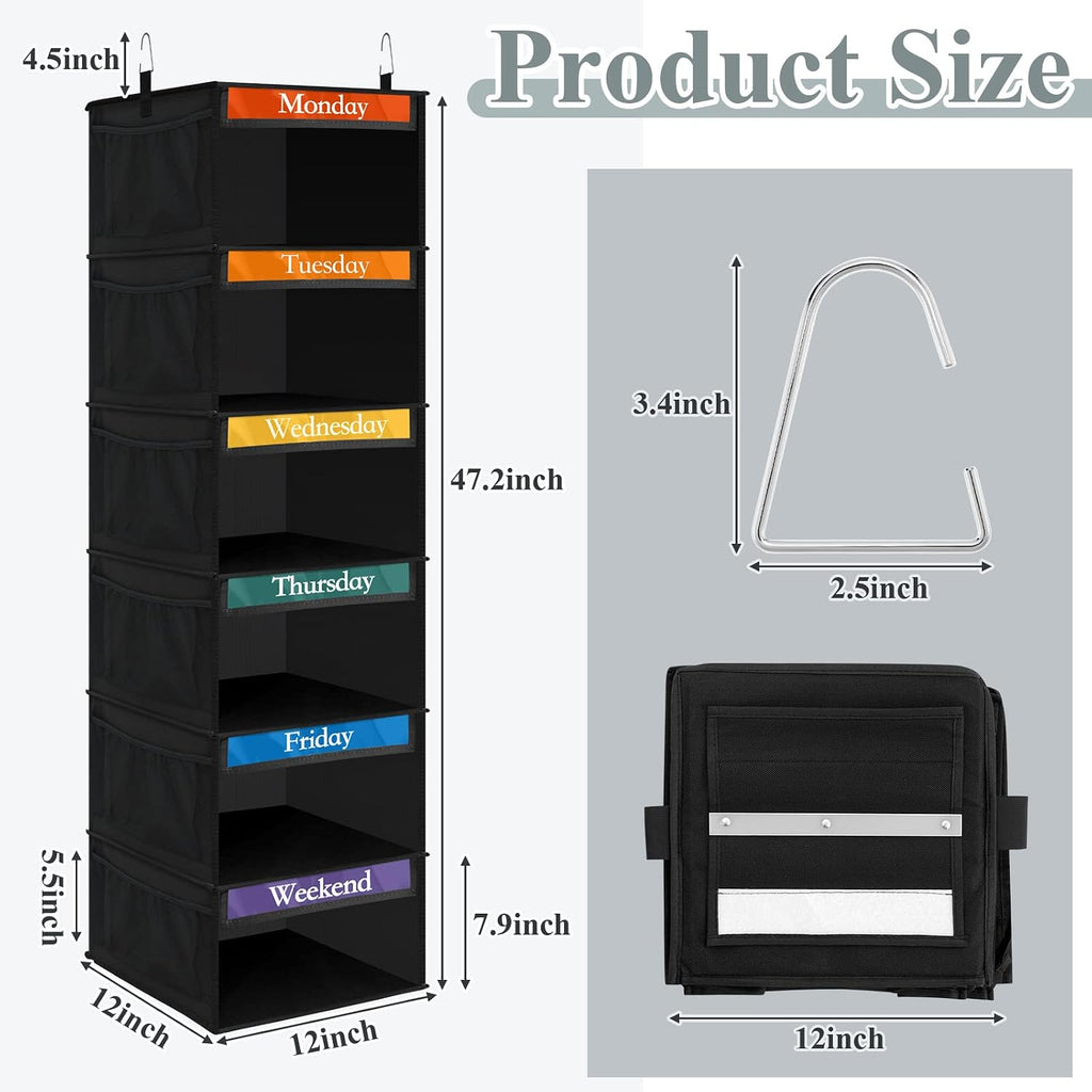 Amylove 2 Pcs 6 Shelf Hanging Weekly Clothes Organizer for Kid,Black