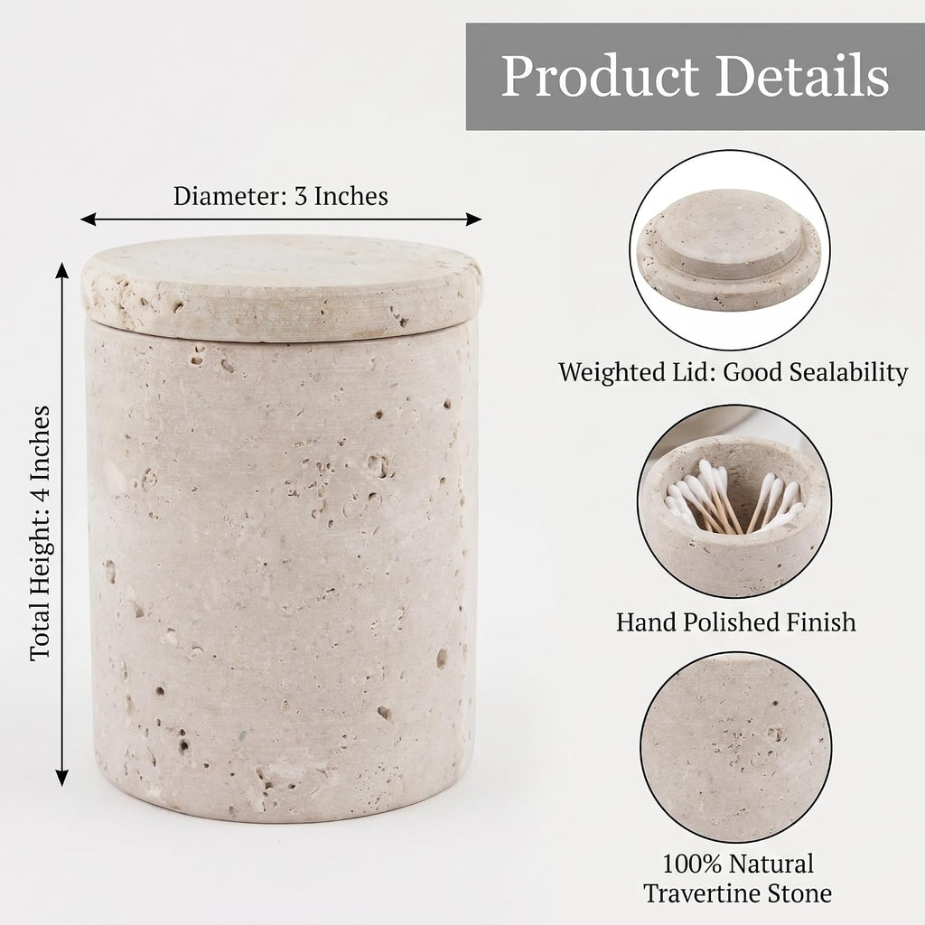 Travertine Q-Tip Holder for Bathroom, 4" Cotton Swab Canister