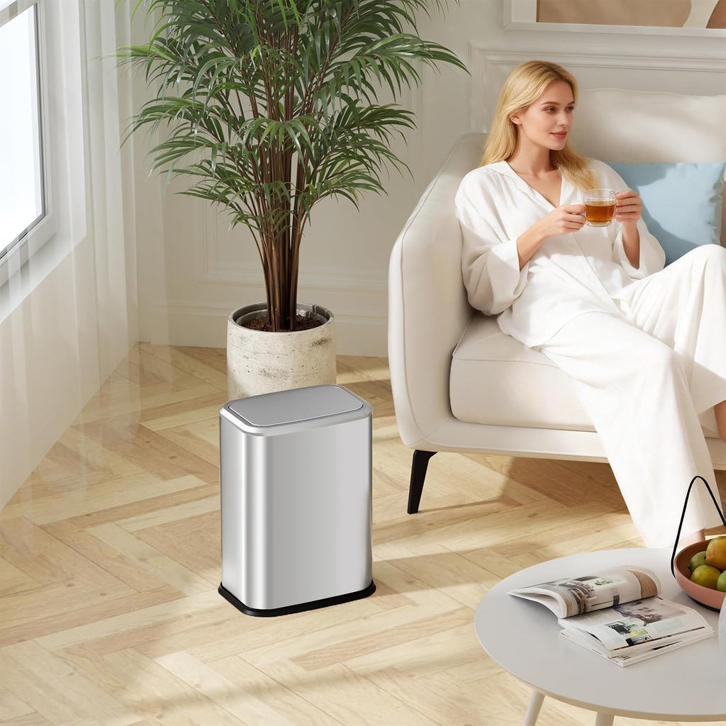 Bathroom Trash Can with Lid 8L/2.1 Gallon Silver Trash Can Small Garbage Can with Swing Top Lid Slim Stainless Steel Garbage Can with 100 Counts Trash Bags for Bathroom Bedroom Kitchen Office Toilet