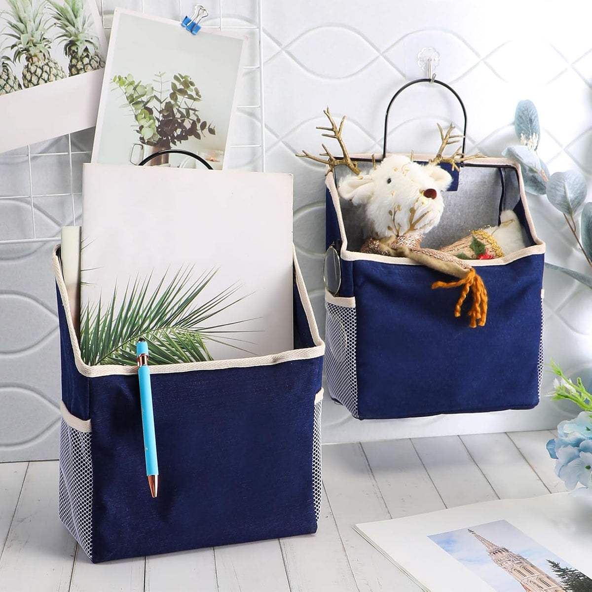 Woanger 12 Pcs Wall Hanging Storage Bag Wall Hanging Organizer Bag Over The Door Closet Basket Containers Bins with Hooks Pockets for Bedroom Bathroom, 15 x 4.3 x 8.7''(Navy Blue)
