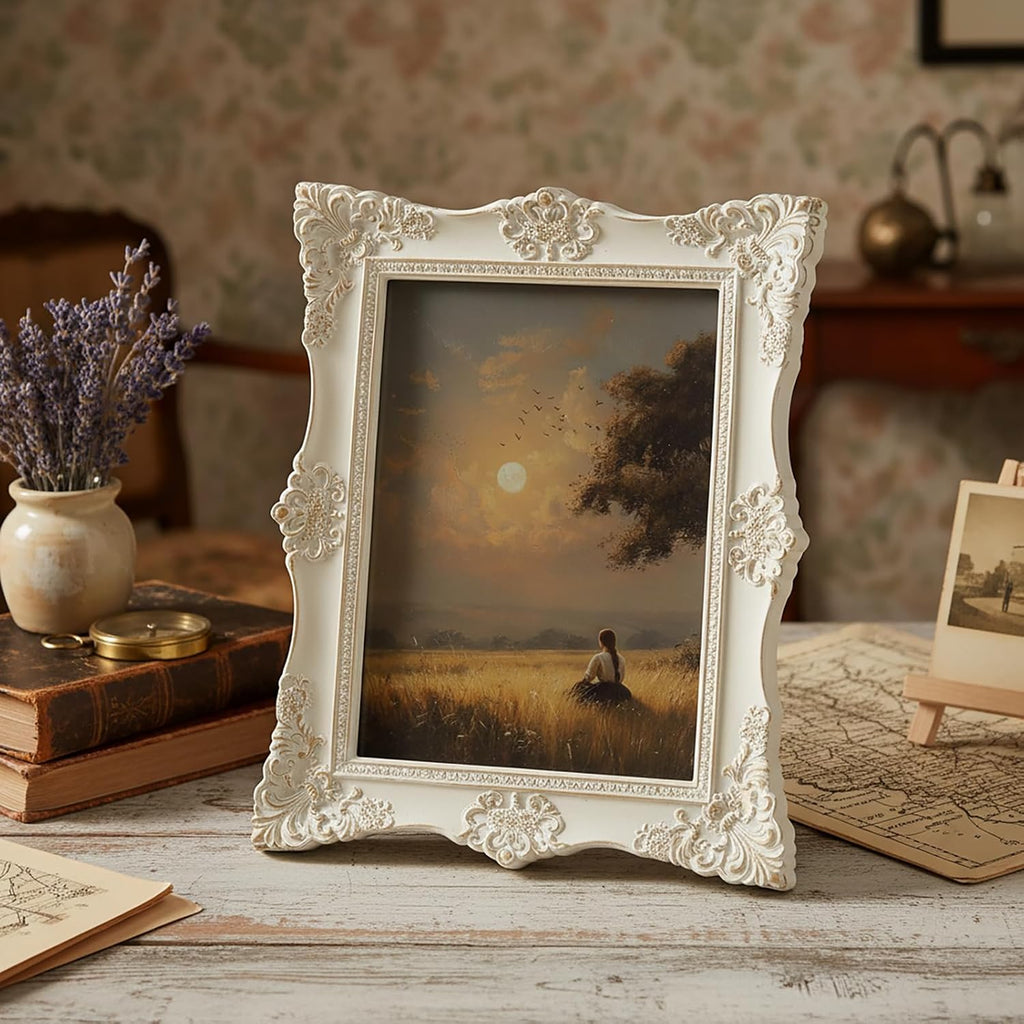5x7 Vintage Picture Frames -5x 7 Antique Picture Frame, Ornate Frames 5 X 7 With Glass Front For Tabletop Photo Display And Wall Hanging, Victorian Poster Frame 5 By 7 (White/Gold, 5X7)