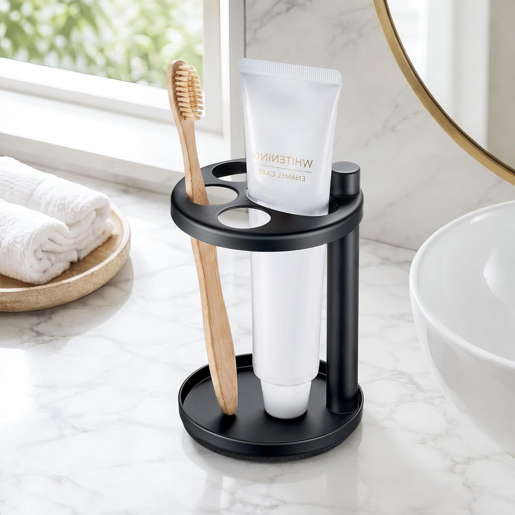 Toothbrush & Toothpaste Holder for Bathroom Countertop, Metal Electric Toothbrush Stand with Razor Slot, Ideal Design Caddy for Kids & Family, Black