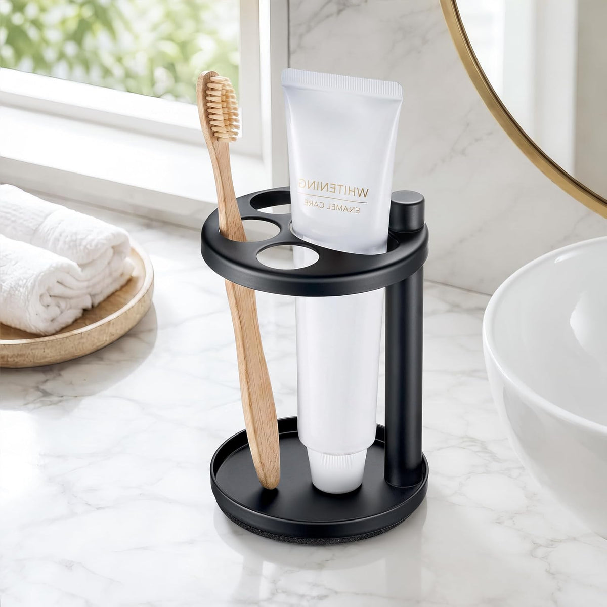Toothbrush & Toothpaste Holder for Bathroom Countertop, Metal Electric Toothbrush Stand with Razor Slot, Ideal Design Caddy for Kids & Family, Black
