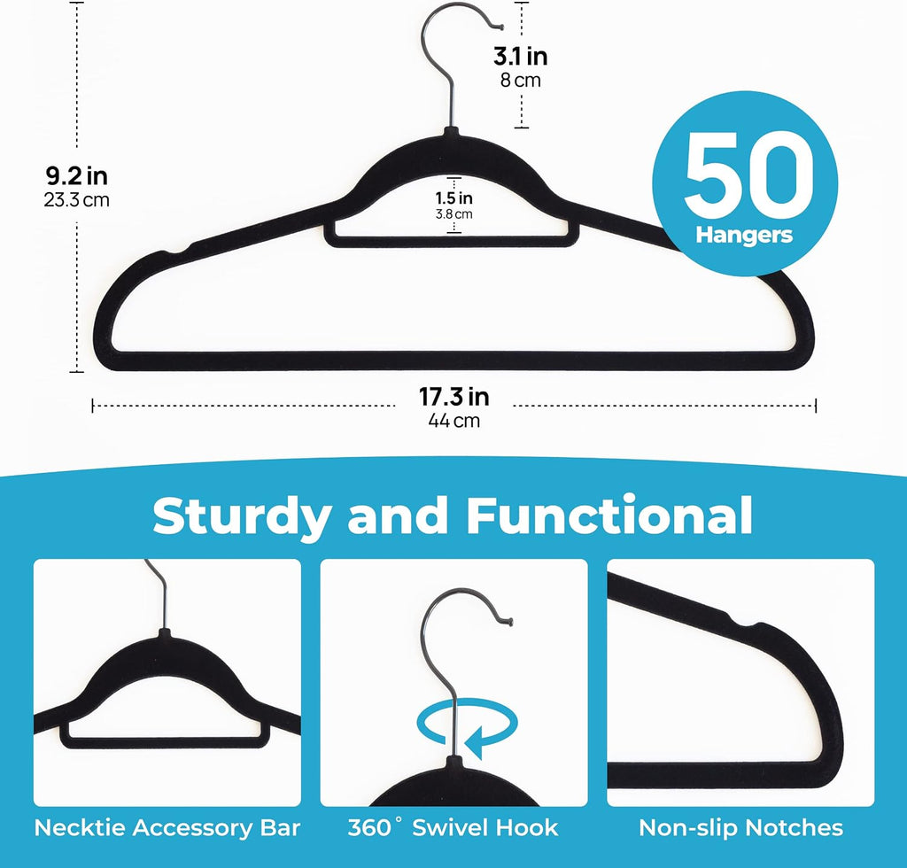 Fontaines Luxury Black Velvet Felt Non Slip Clothes Hangers 50 Pack - Ultra Slim & Space Saving - Heavy Duty Swivel Hook for Clothing, Suit, Top, Tie, Shirt, Skirt & Pant Organization