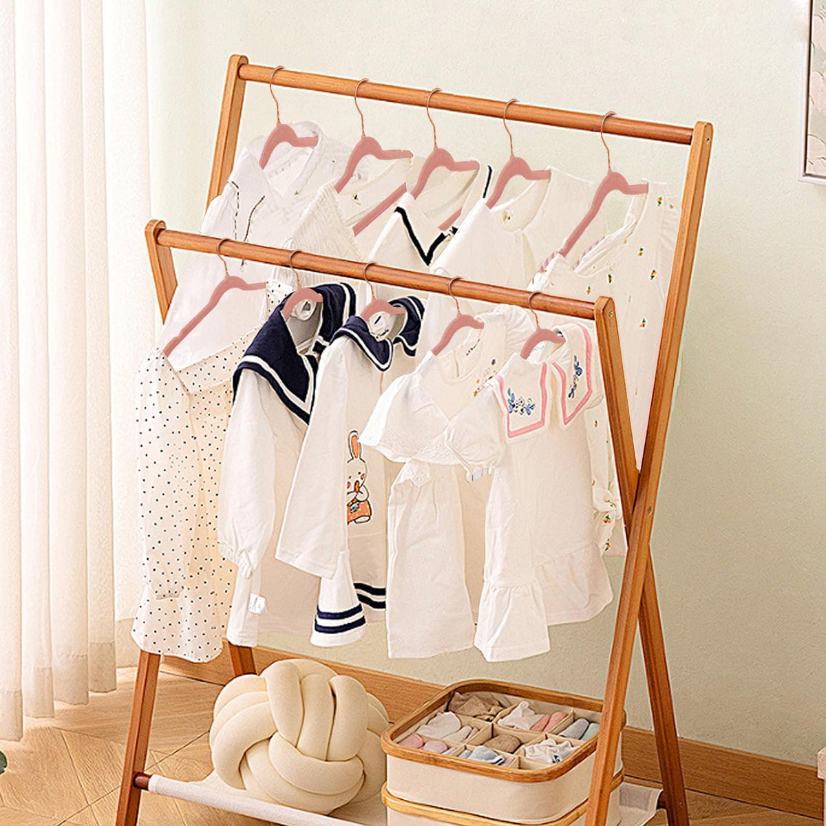 Baby Velvet Hangers, 32 Packs Kids Clothes Hangers, Non-Slip Childrens Hangers with Shoulder Notches, Storage Organizer for Infant and Toddler, 11 Inch, 0.2 Inch Slim, Rose Gold Hook, Pink
