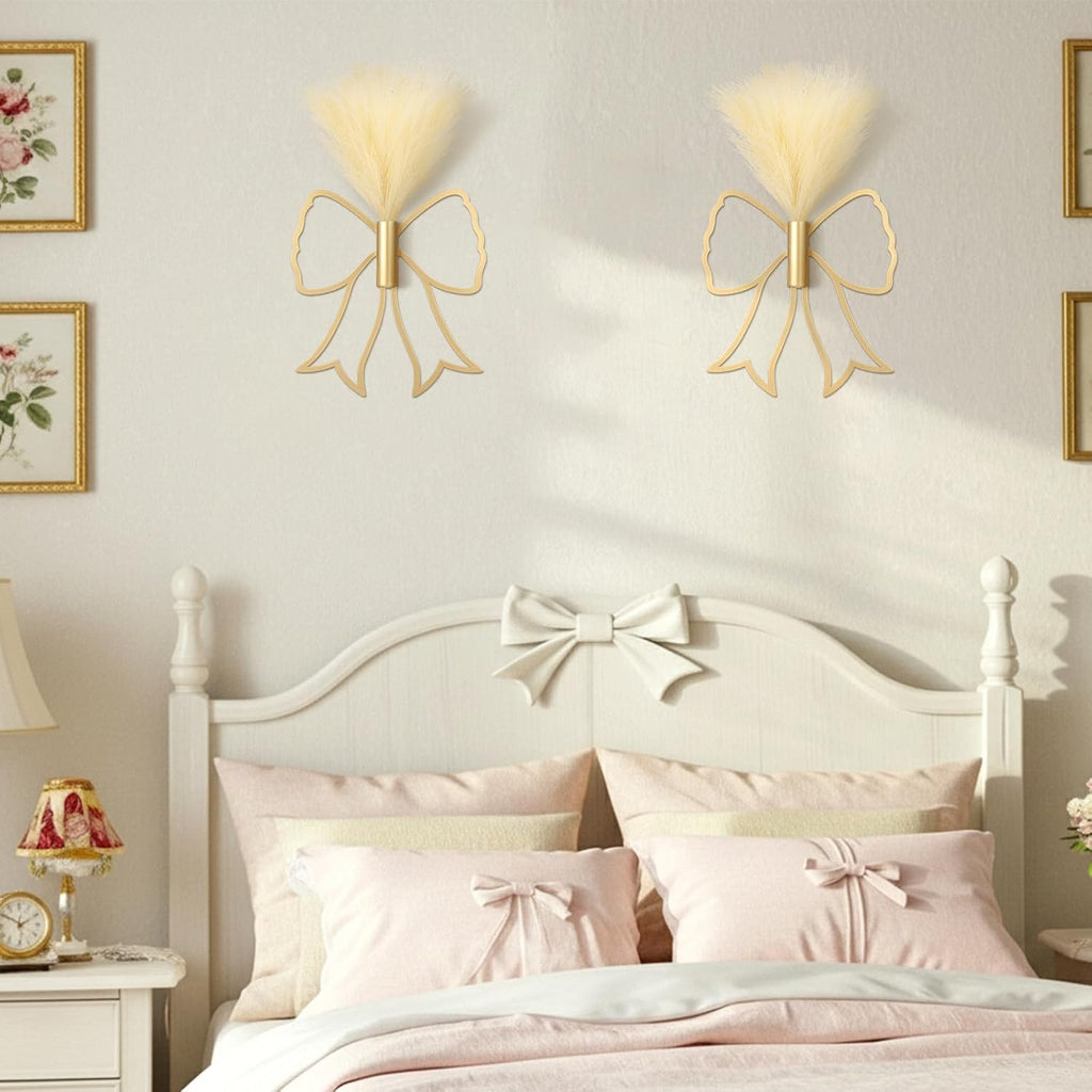 Weysat 2 Pcs Gold Bow Metal Wall Decor Art with Pampas Boho Wall Decor