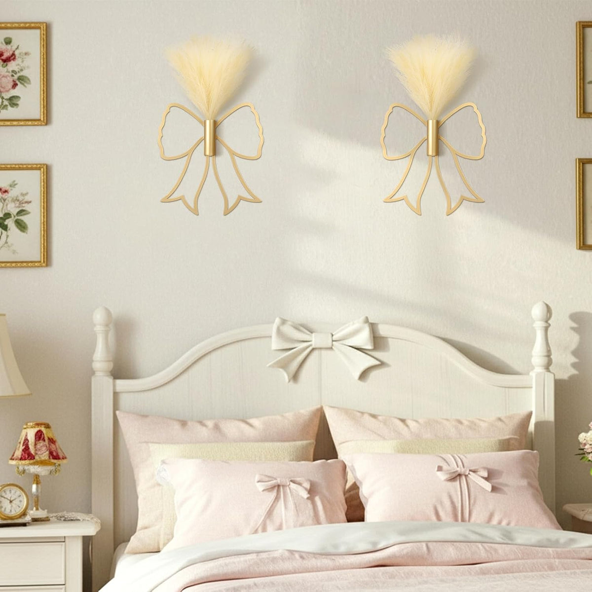 Weysat 2 Pcs Gold Bow Metal Wall Decor Art with Pampas Boho Wall Decor