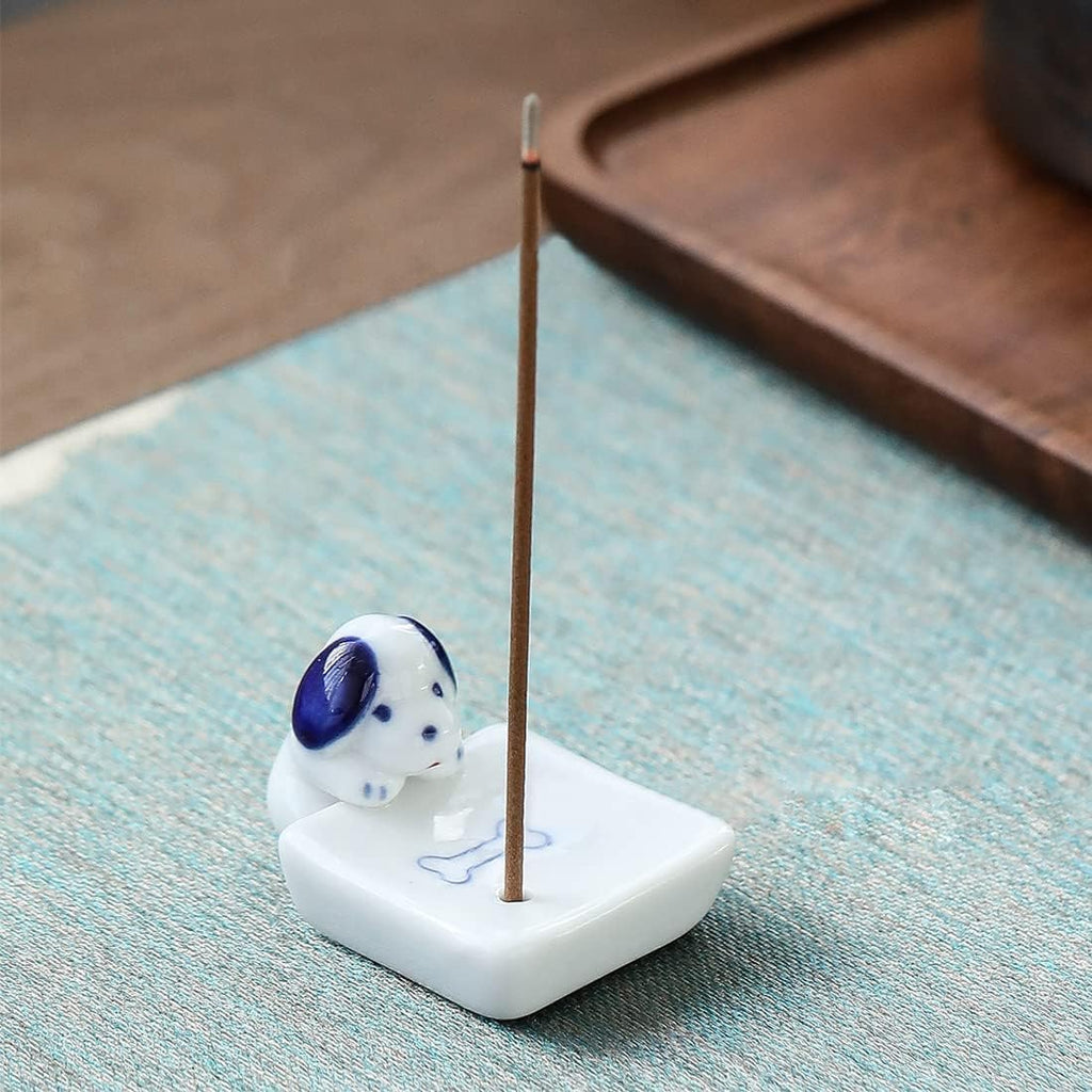 Set of 2, Japanese Mini Cute Kitty Cat with Dog Handmade White Ceramic Incense Stick Holder or Incense Burner Holder, Inscent Tray for Home Decor Yoga Spa Meditation, 1.42 inches