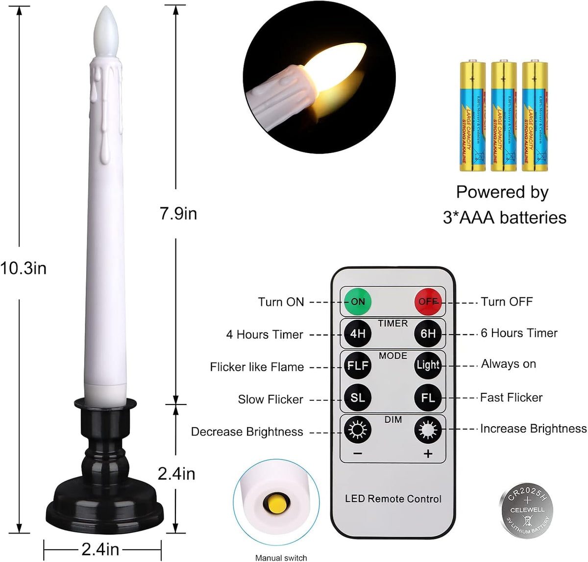 Daord LED Battery Operated Window Candle with Remote & Timer Flickering Warm Light Christmas Flameless Taper Candles for Party Holiday Wedding Home Table Decoration (Pack of 6,White+Black Holder(A))…