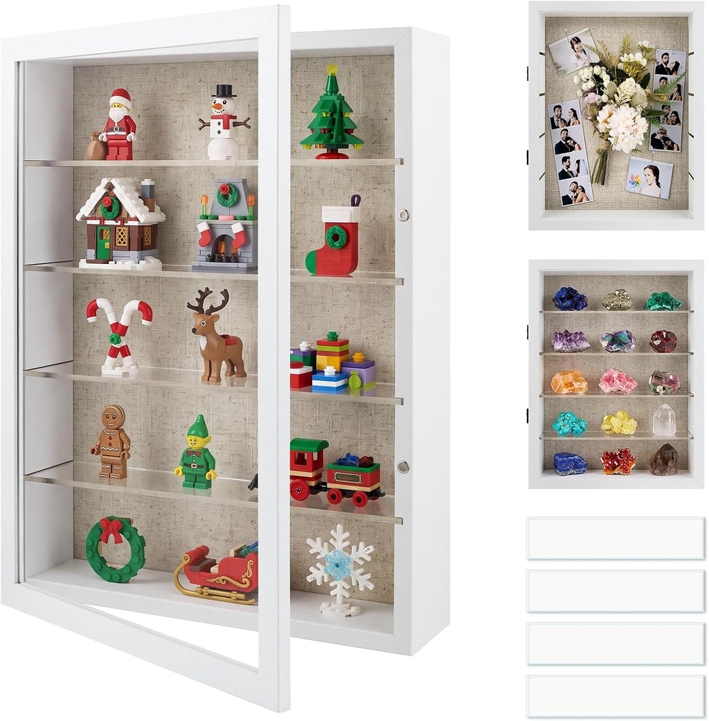 12x16 Shadow Box Display Cases with 4 Removable Clear Shelves, White