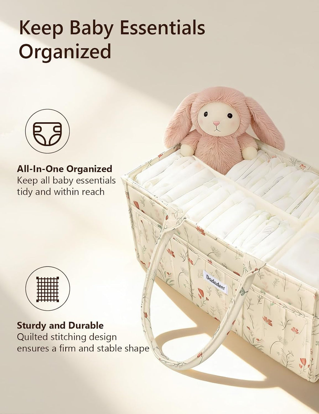 Quilted Floral Diaper Caddy Organizer, Nursery Storage Basket with Dividers