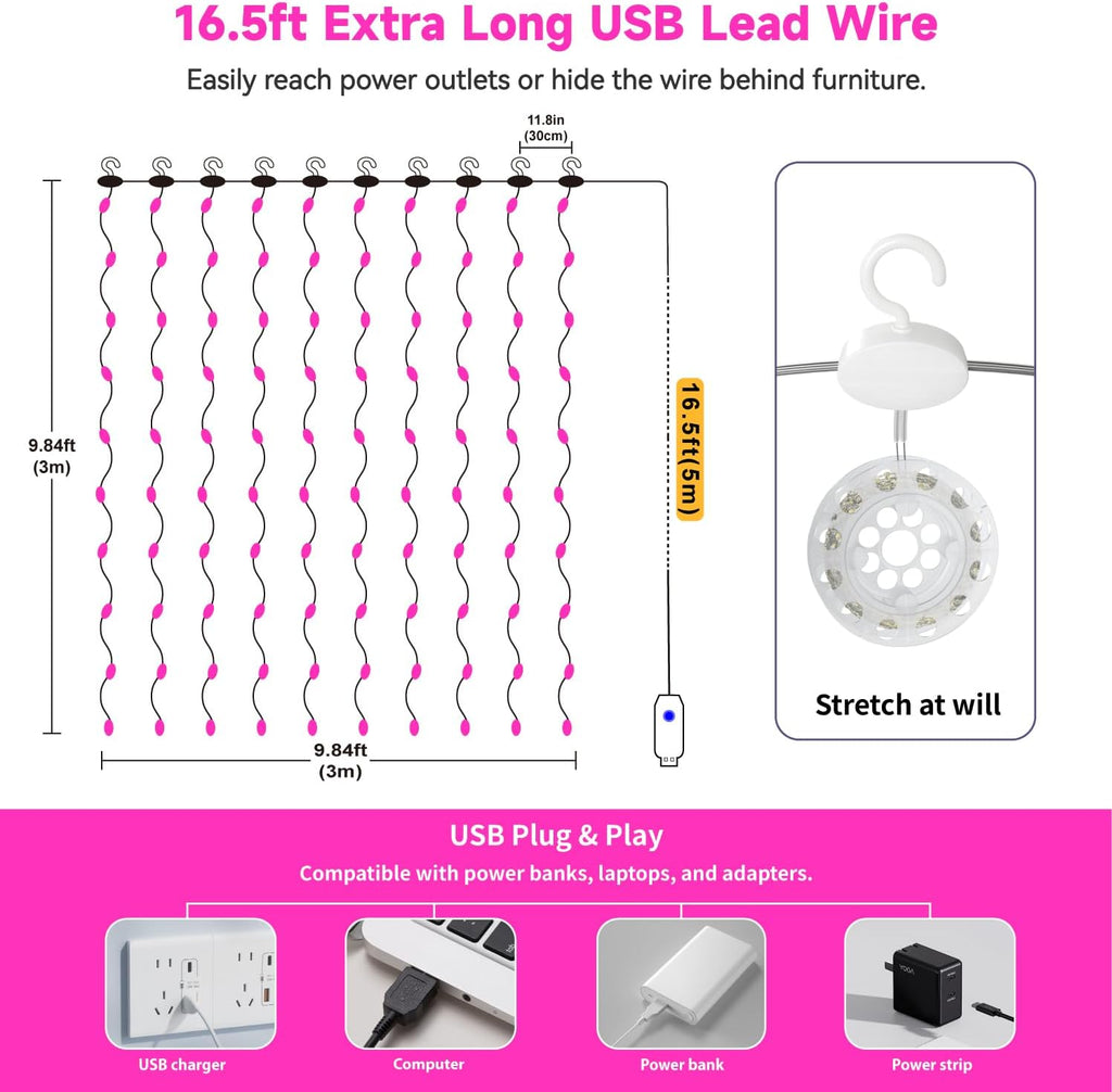 HXWEIYE 300LED Untangled Curtain Lights, 9.8x9.8Ft USB, Remote