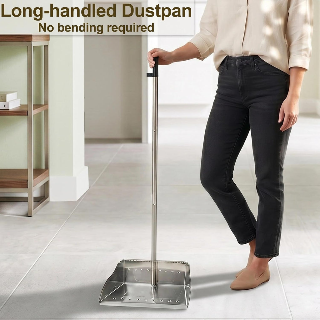 Metal Dust Pan with Long Handle, Stainless Steel Standing Dustpan
