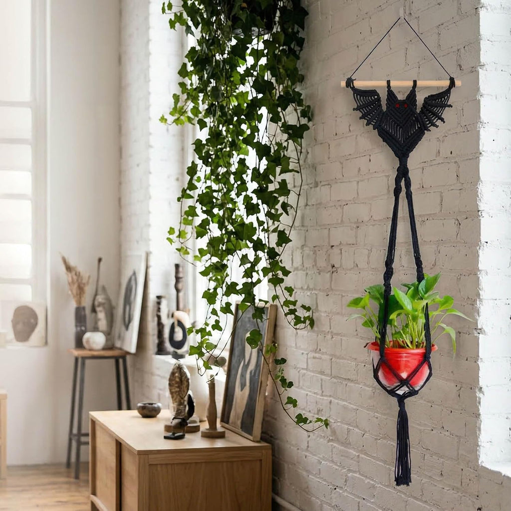 2-Pack Boho Bat Shape Gothic Plant Hanger, Macrame Handmade Pot Holder with Wooden Stick, Black Color Pot Holder for Indoor/Garden/Porch Decoration 40"X11.8" (No Pot & Plant Included)