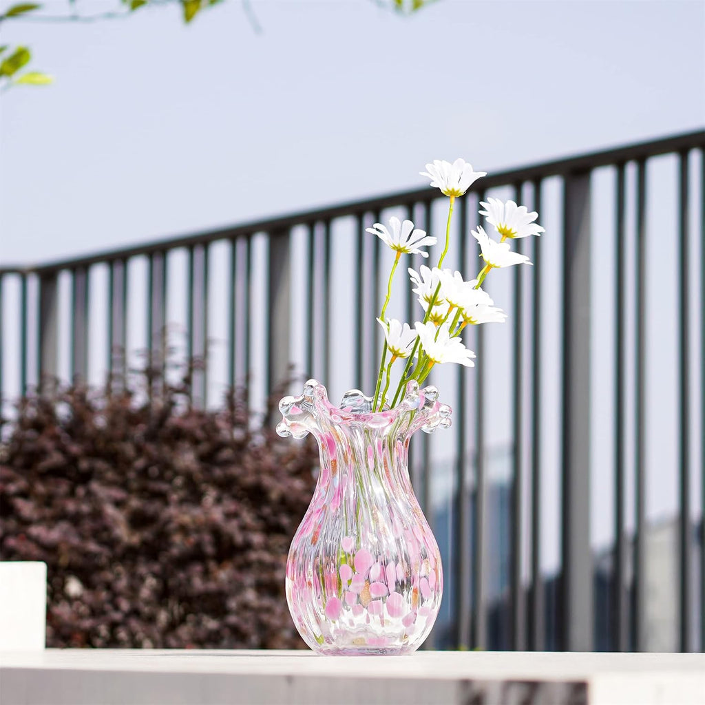 QFkris Hand Blown Glass Vase, Modern Art Flower Vase with Pink Petal Decor