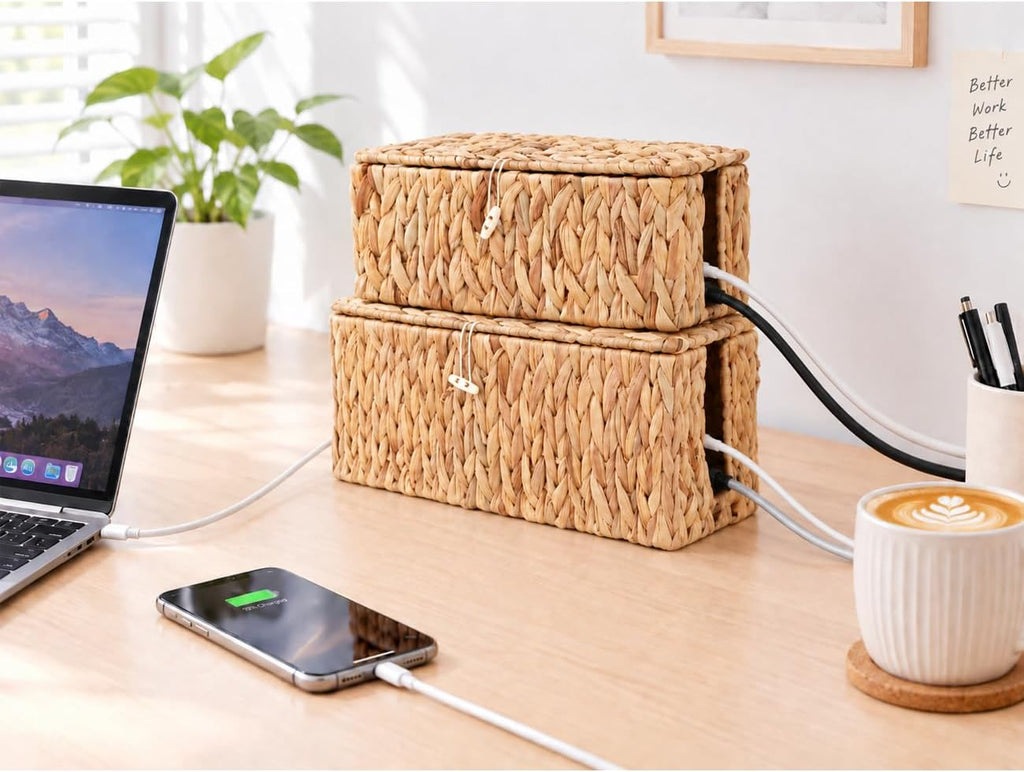 2 Pack Water Hyacinth Cable Management Box with Lid, Cord Organizer Box