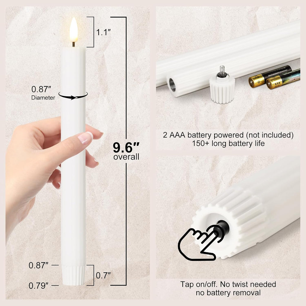White Ribbed Flameless Taper Candles with Remote Set of 4