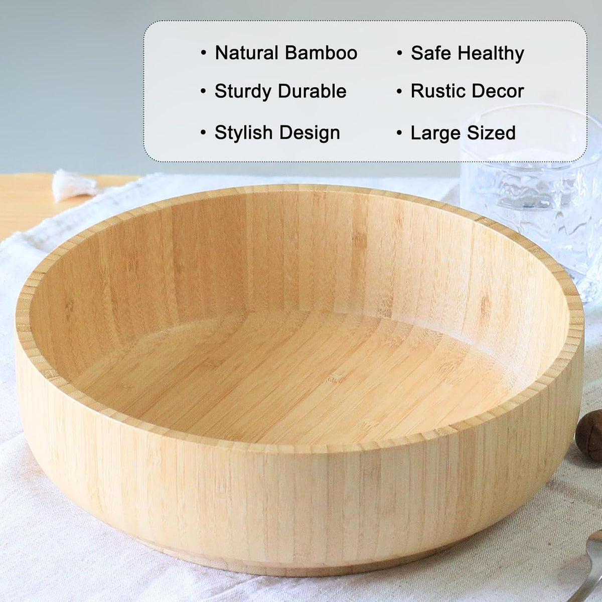Large Fruit Bowl for Kitchen Counter, 10 Inch Bamboo Wooden Straight-Side Serving Bowl for Salad, Vegetables and Fruits, Rustic Decorative Bowls for Dinner Table Centerpiece Decor, 100 Oz