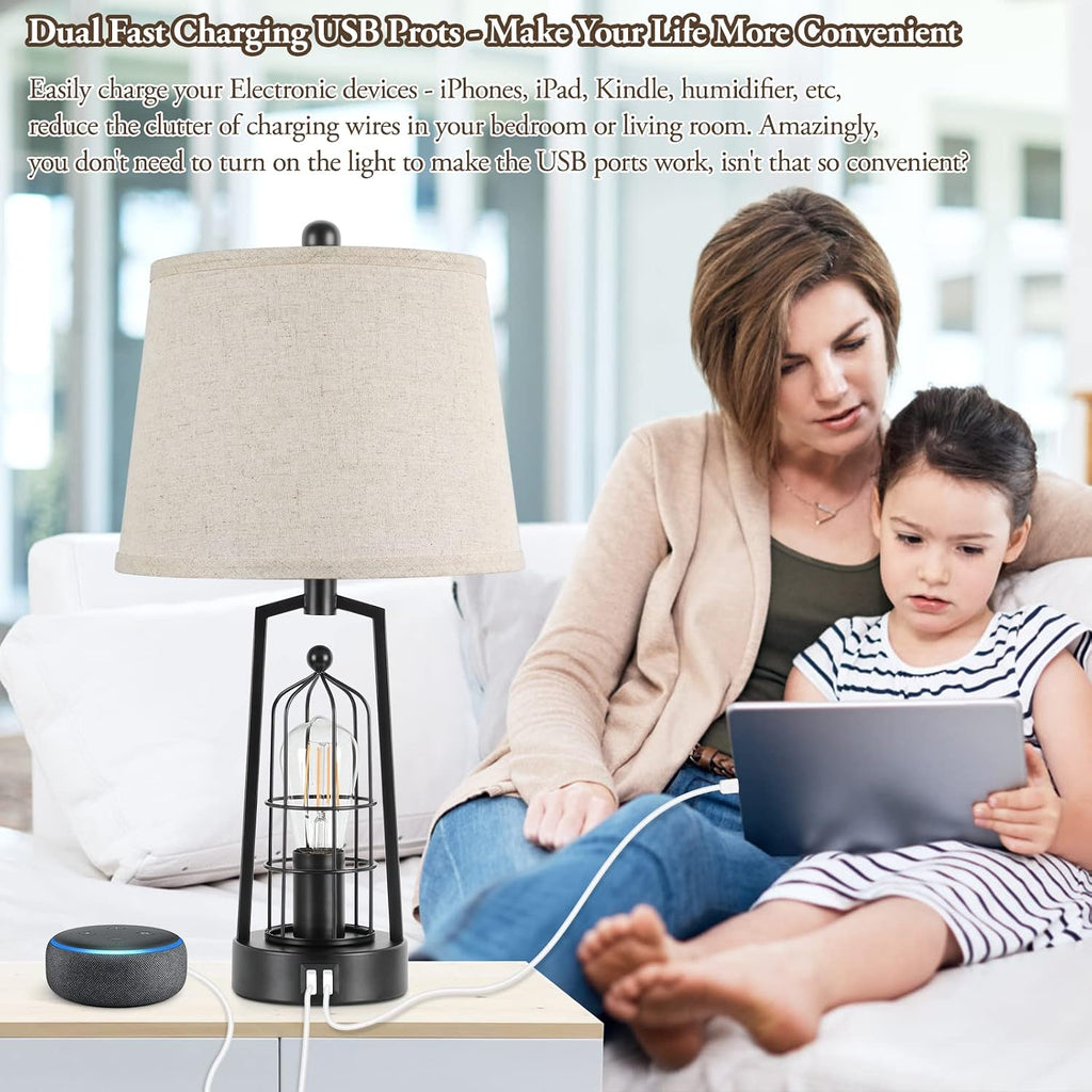 Farmhouse Table Lamps with 2 USB Ports, Set of 2 Rustic Industrial Desk Lamp for Living Room, 2-Light Black Bedside Lamp, Bedroom Nightstand Lamp with Beige Lampshade for House Decor, Reading