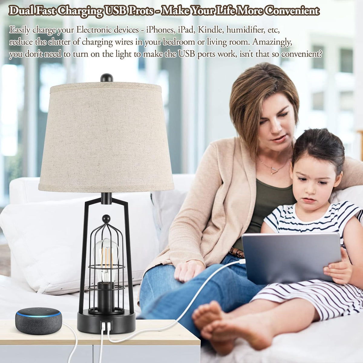 Farmhouse Table Lamps with 2 USB Ports, Set of 2 Rustic Industrial Desk Lamp for Living Room, 2-Light Black Bedside Lamp, Bedroom Nightstand Lamp with Beige Lampshade for House Decor, Reading
