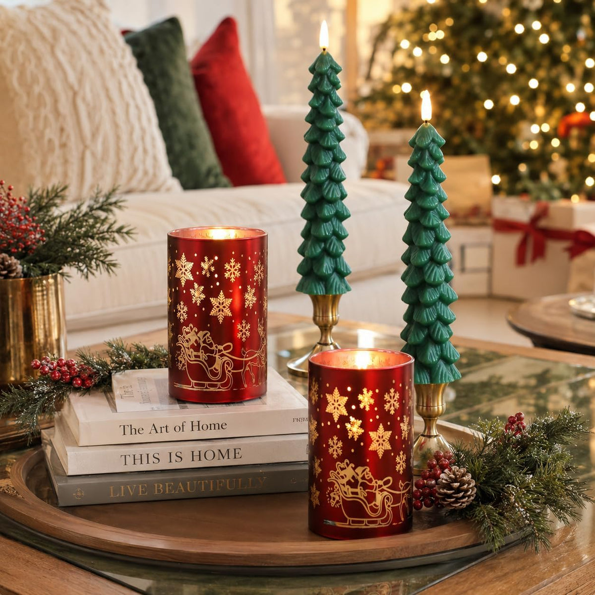 Lezonic Christmas Flameless Candles with Remote, Green Christmas Tree Flickering Battery Operated Window Candlesticks, Red Glass Xmas New Year Decorations Gifts, Set of 4 Real Wax LED Candles