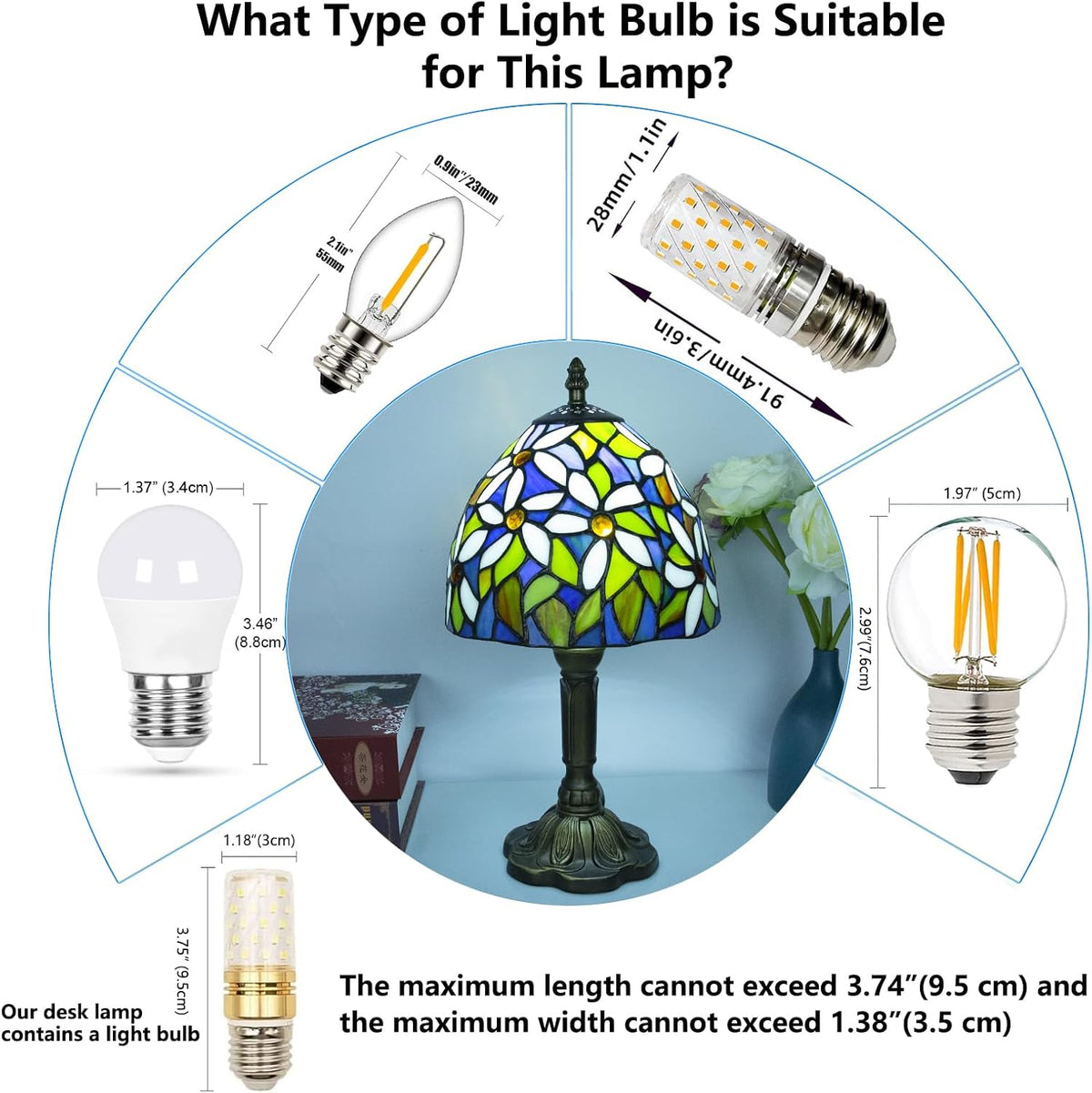 Small Tiffany Style Stained Glass Table Lamp, 8 Inch, White Daisy Pattern