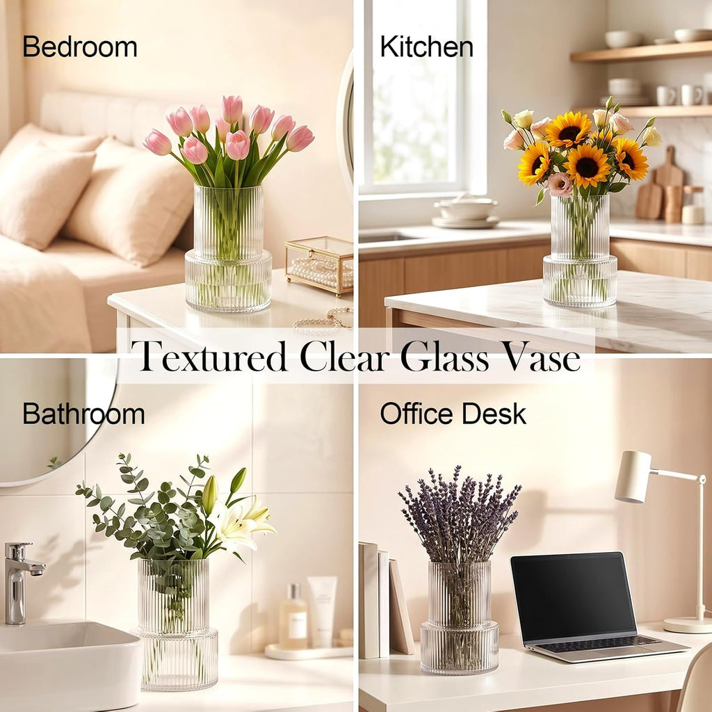 Ribbed Glass Cylinder Vase Set, Clear Modern Centerpiece
