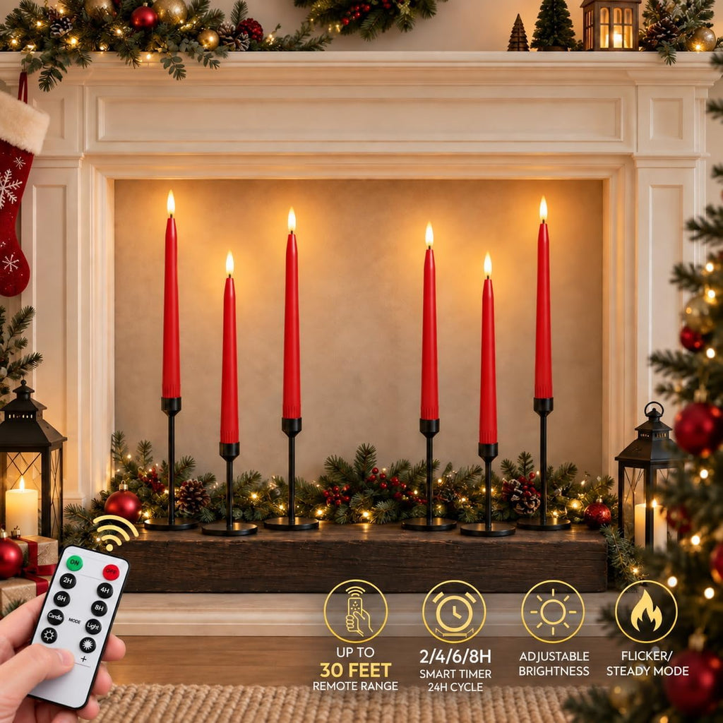 Red Flameless Taper Candles, Battery Operated Christmas Candles with Remote