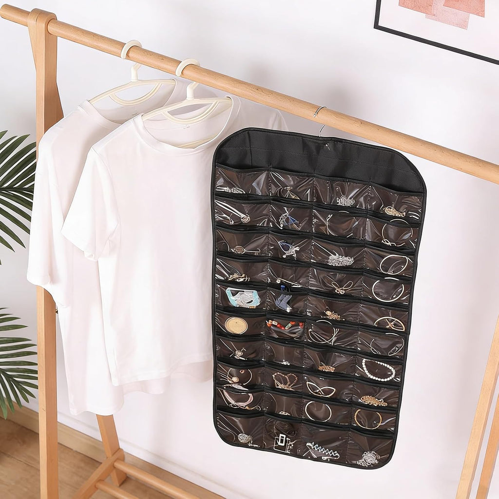 Black Hanging Jewelry Organizer, 80 Pockets Double-Sided, Wall Door Closet Storage for Earrings Necklaces Rings