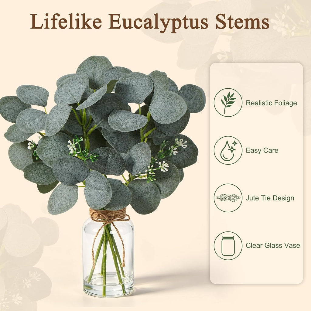 Artificial Eucalyptus Stems In Glass Vase, Fake Plants with Faux Water